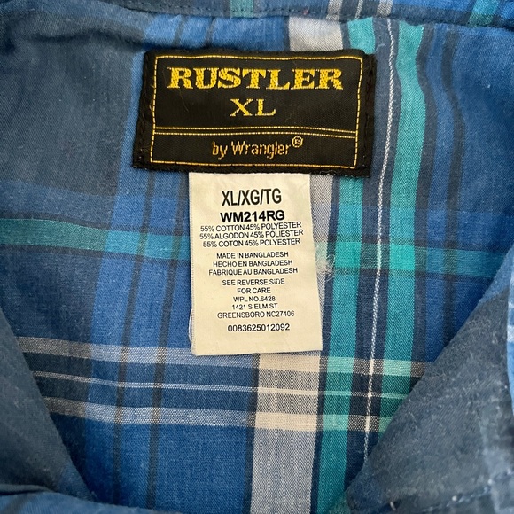 VTG 80s Wrangler Rustler Pearl Snap Plaid Western Cowboy Short Sleeve Shirt - Picture 2 of 4